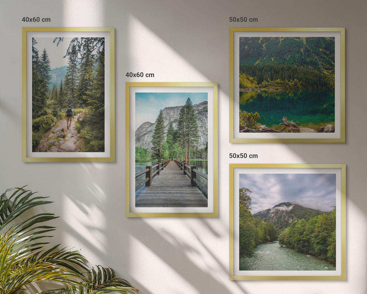 BILDER SET 4er Set - 50x50 cm & 40x60 cm Goldrahmen - Berge, Seen, Wälder, Wege - Goldfarben, Kunststoff (50/50cm) - TULUP