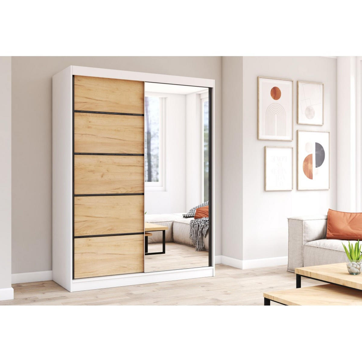 SCHIEBETÜRENSCHRANK - Beni 05 Craft (Weiß + Craft gold) - Eichefarben/Weiß, Holzwerkstoff/Metall (150/200/61cm) - Möblo