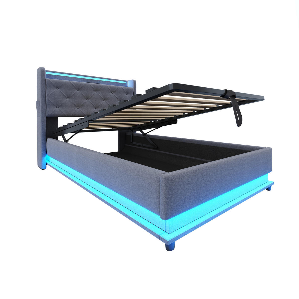 KINDERBETT 90/200 cm aus Leinenstoff mit LED-Beleuchtung, USB-Anschlüssen und hydraulischem Stauraum Grau - Grau, Textil (90/200cm) - Modenvie