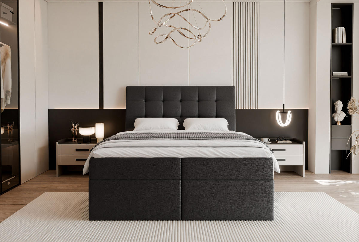 BOXBETT BAILEY 200/200 cm mit Matratze und Topper, Schwarz - Schwarz, Textil/Metall (200/200cm) - Idohome