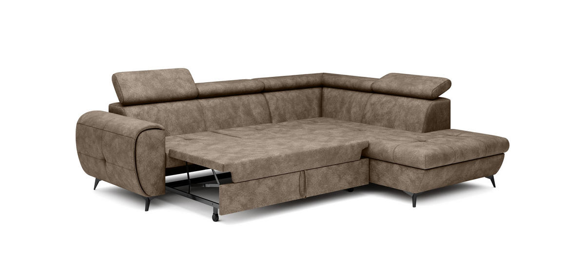 ECKSOFA MAGIA R-S Braun Plüsch-Stoff mit Schlaffunktion - Braun, Holz (260/217cm) - MASSENO