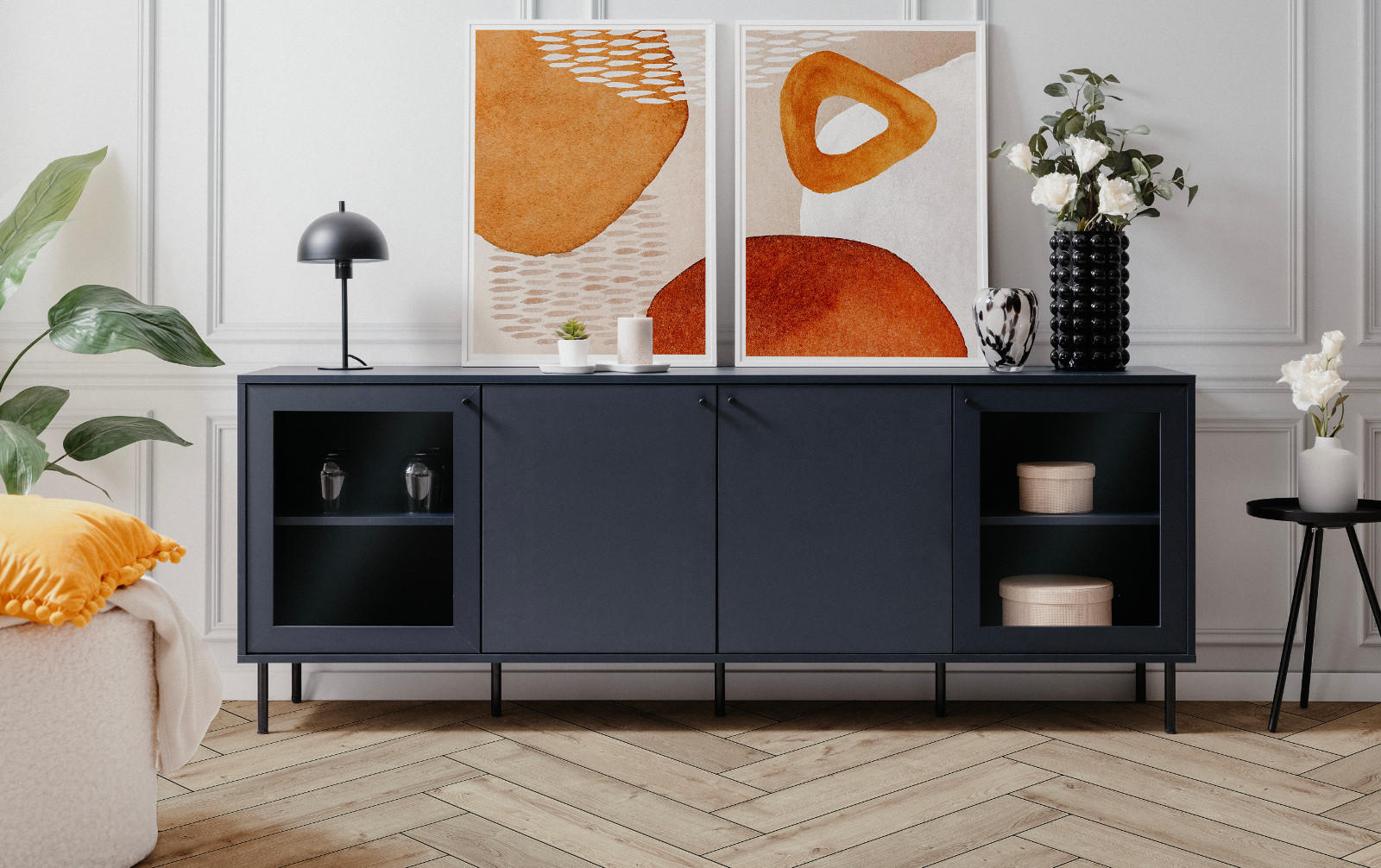 SIDEBOARD blau 180 cm, Kommode 4-türig mit viel Stauraum - Blau/Schwarz, Glas/Holzwerkstoff (180/68/40cm) - Furn.Design