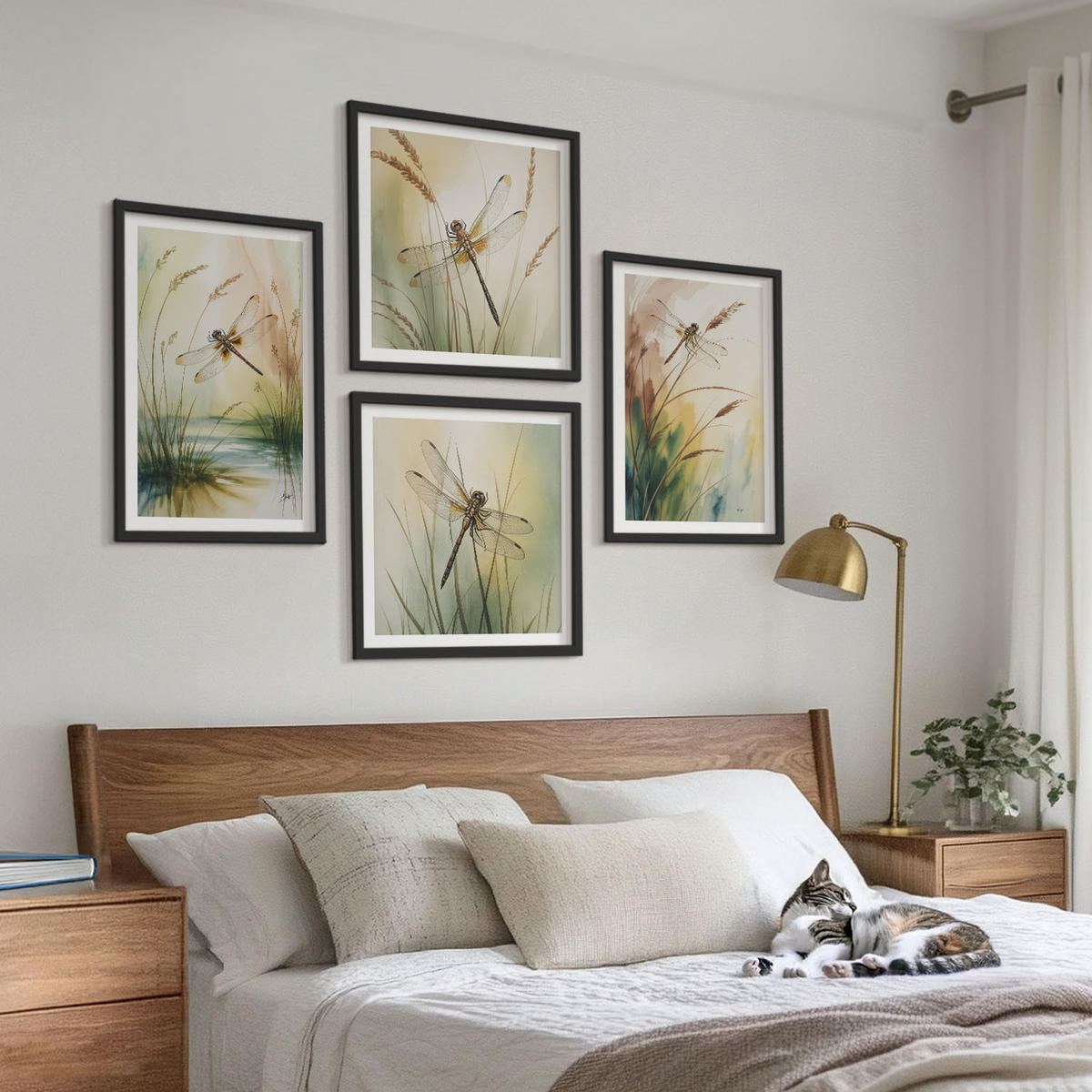 BILDER SET 4er Set - 50x50 cm & 40x60 cm Schwarzer Rahmen - Libellen im Gras, Wassermalerei - Schwarz, Kunststoff (50/50cm) - TULUP