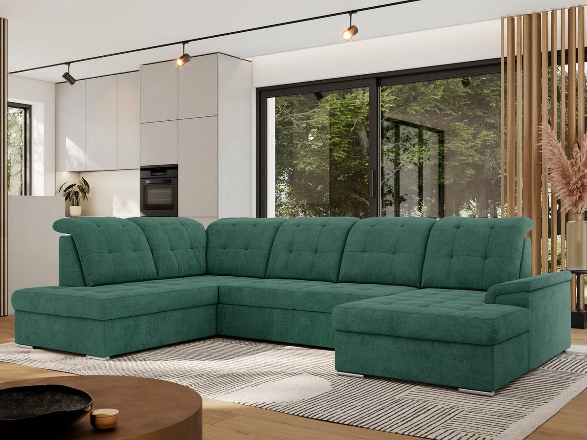 WOHNLANDSCHAFT MADRITO U - Grün Struktur - Links - Silberfarben/Grün, Textil/Metall (204/89/323cm) - MKS