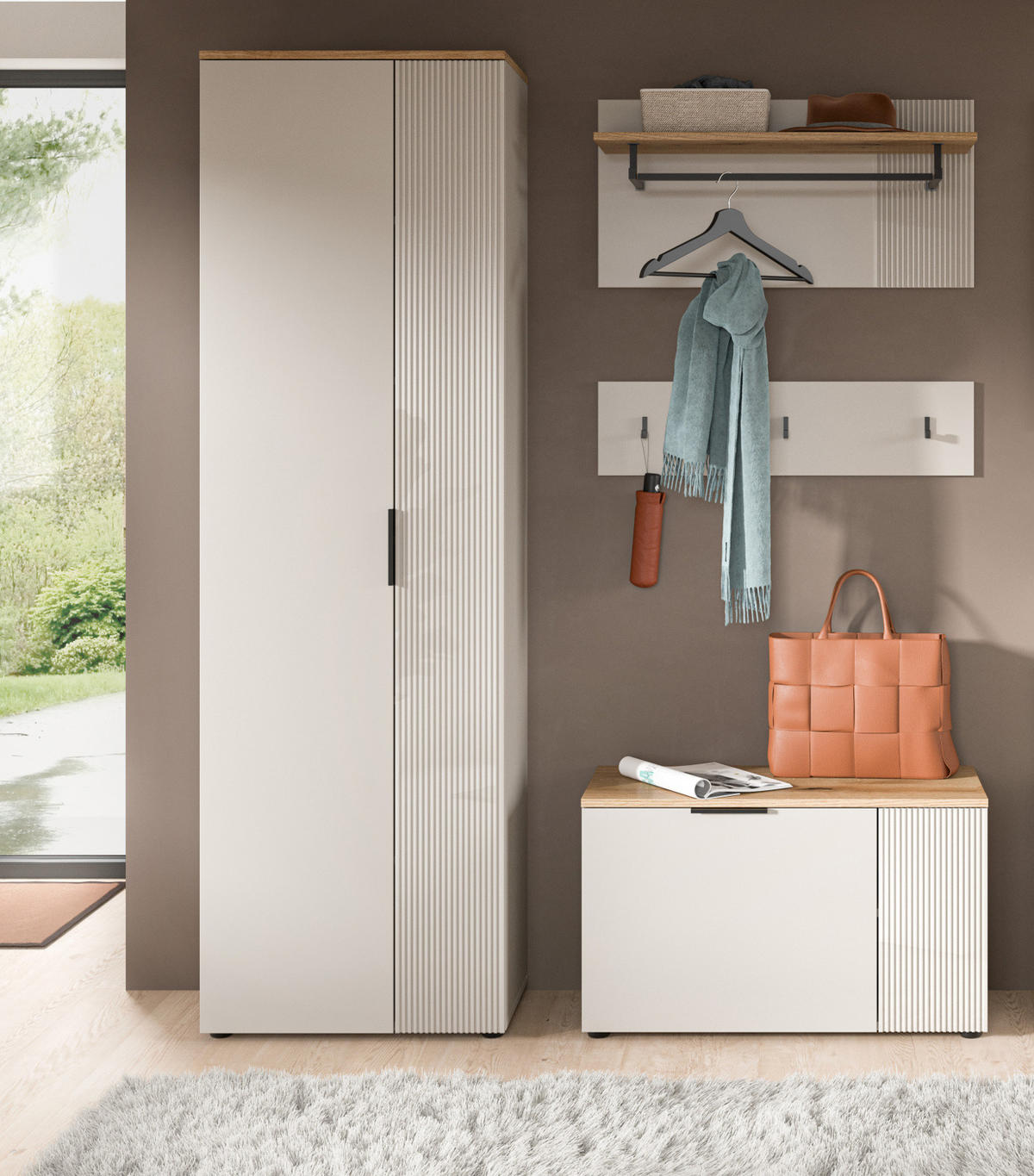 GARDEROBEN-SET 4-teilig Kaschmir Sand, Evoke Eiche, Flurmöbel 155 x 190 cm, Skid - Kaschmir/Eichefarben, Holzwerkstoff/Kunststoff (155/190/36cm) - Inn.Furn