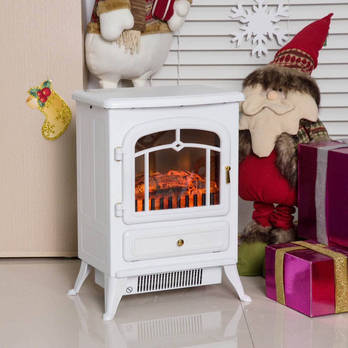 ELEKTROKAMIN Kaminofen Flammeneffekt Überhitzungs-Schutz Weiß 41,5x28 x54,8 cm - Weiß, Metall (28/54.8/41.5cm) - HOMCOM