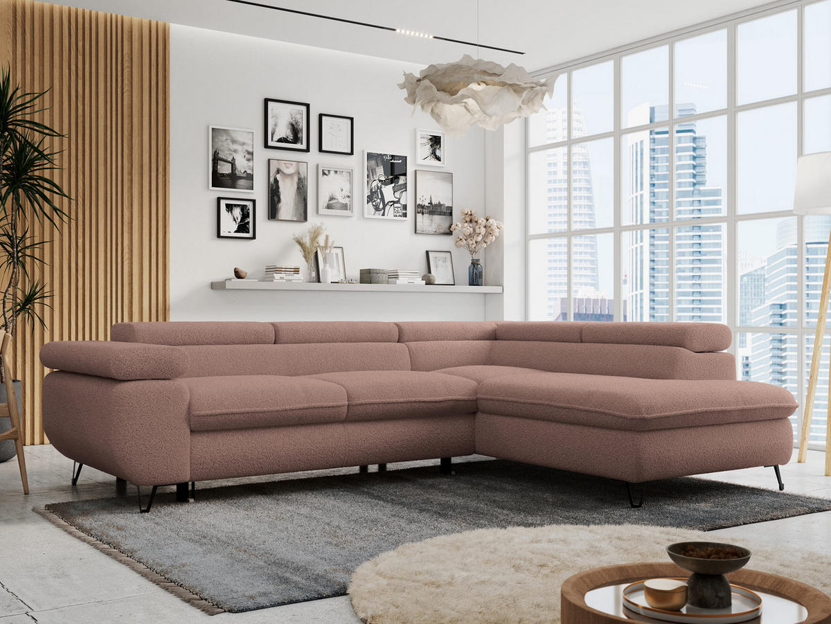 ECKSOFA PETER L Rosa Boucle - Rechts Seite - Schwarz/Rosa, Textil/Metall (273/208cm) - MKS