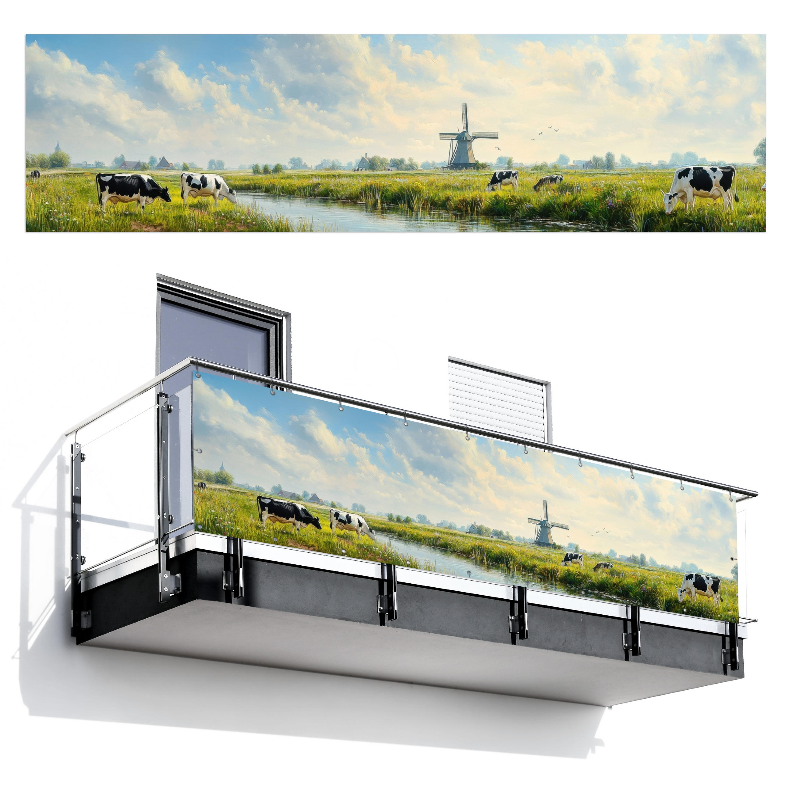 MuchoWow BALKONOVÁ ZÁSTĚNA Krávy - větrný mlýn - louka - modrá 300x85 cm