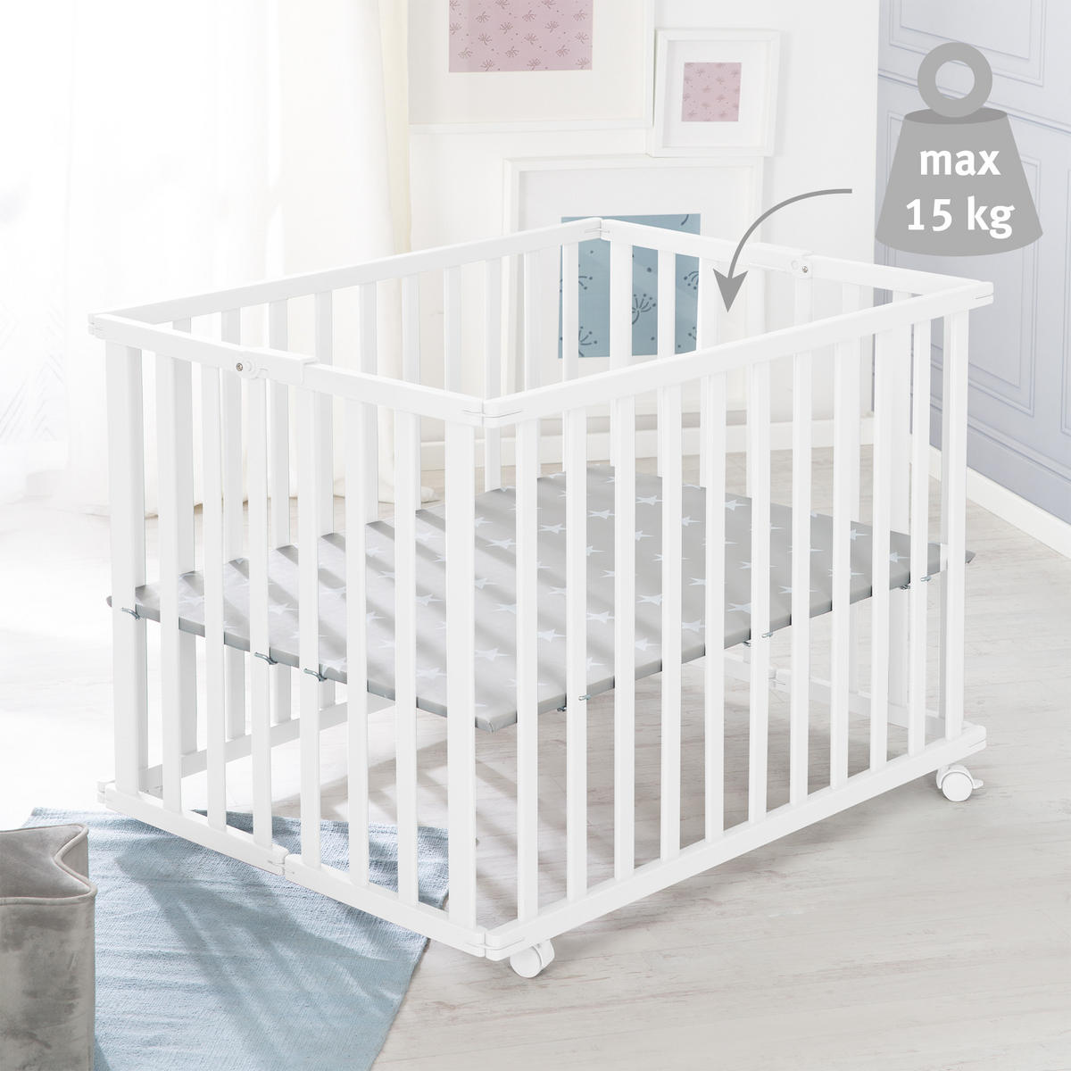LAUFGITTER KLAPPBAR Little Stars - Weiß/Grau, Holzwerkstoff (74/72.5/100cm) - Roba