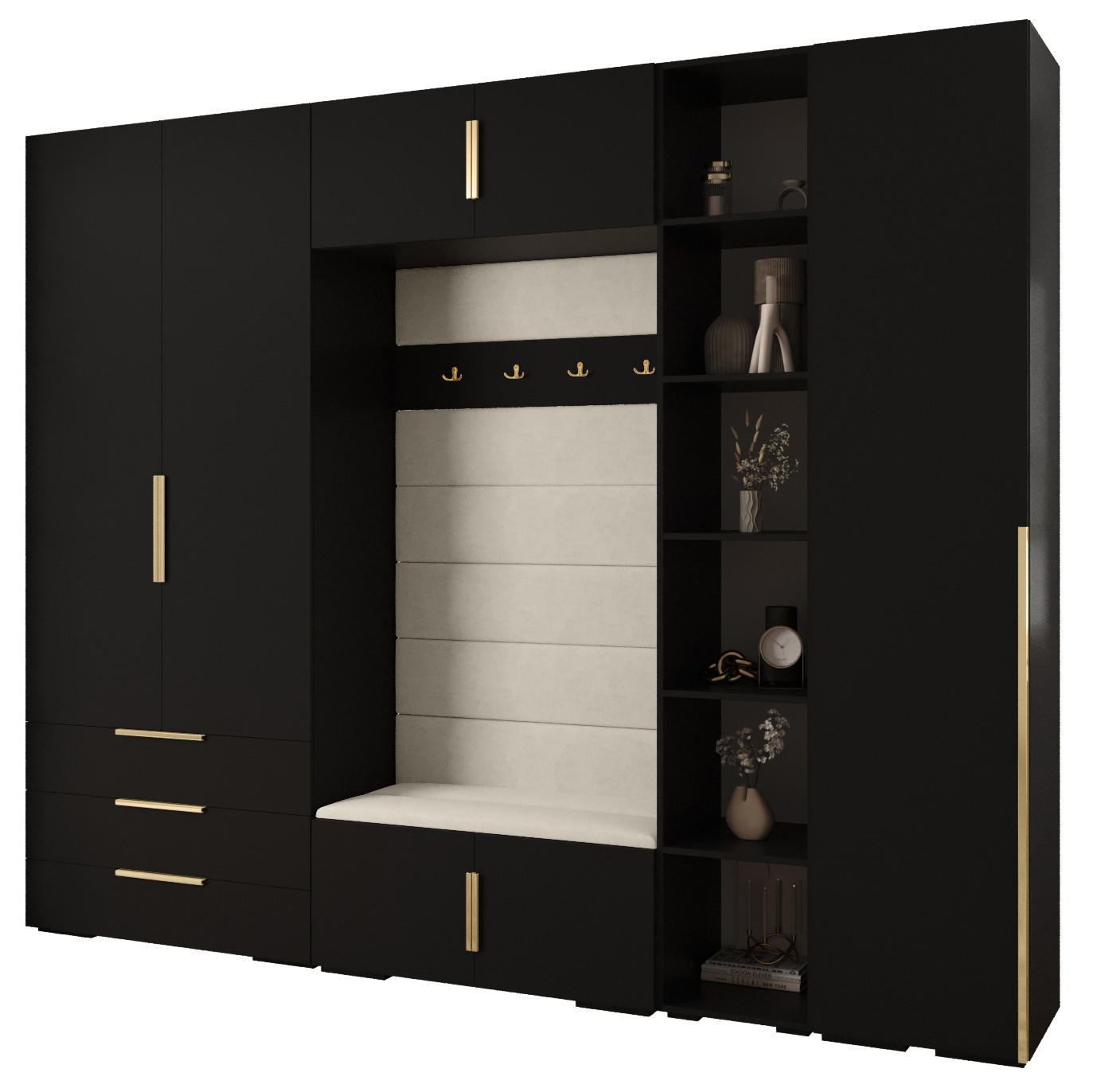 Abiks Möbel Garderoben-Set Schwarz, Beige, Gold 290x236.7x47 cm
