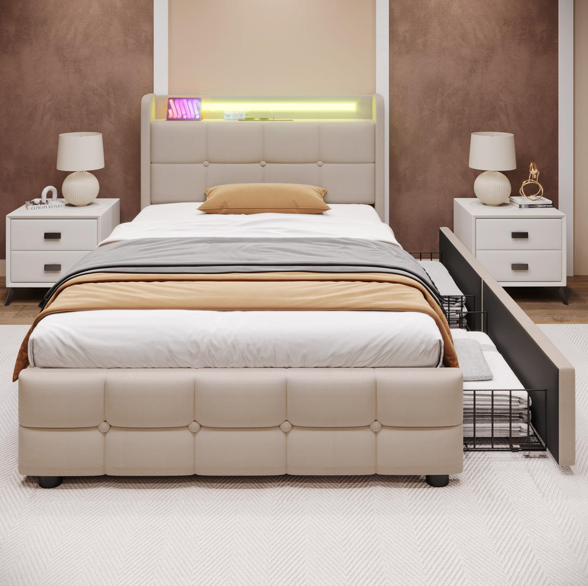 POLSTERBETT 220/94,5/103,5 cm beige aus Holz mit USB, LED, Matratze - Beige, Holzwerkstoff (90/200cm) - OKWISH