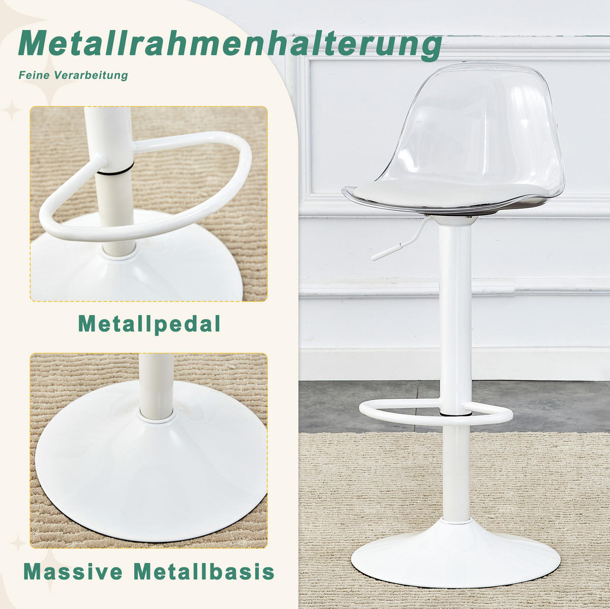 STÜHLE aus Metall/Kunststoff mit 360° Drehung, Transparent/Weiß - Transparent, Metall (40.5/104/40.5cm) - OKMYHOME