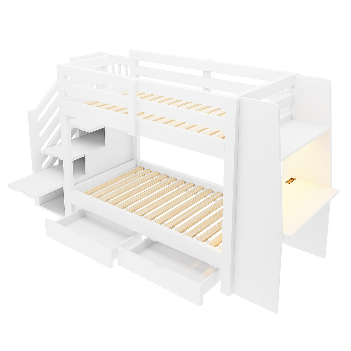ETAGENBETT 90/200 cm mit Schreibtisch und LED, DE-41592, in Weiß - Weiß, Holzwerkstoff (90/200cm) - ComfortXL