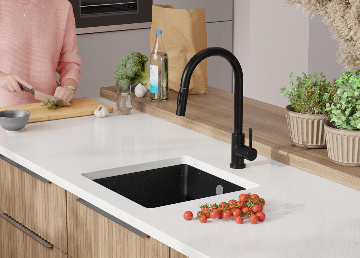 UNTERBAUSPÜLE GRANIT Venedig Easy, 2-er set Schwarz Metallic 46/44 cm 1 Becken + Ablauf-Set ab 50er Unterschrank - Chromfarben/Schwarz Hochglanz, Kunststoff (46/20/44cm) - Primagran