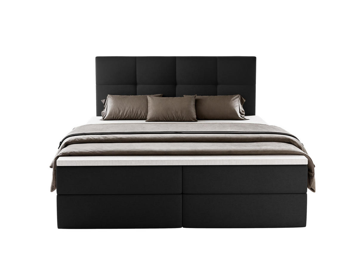BOXBETT MORENO mit Bettkasten 200x200 cm inkl. Bonell-Federkernmatratze H3 und Topper – Polsterbett Stoff ASTI Schwarz - Schwarz, Textil (200/200cm) - Luxkor24