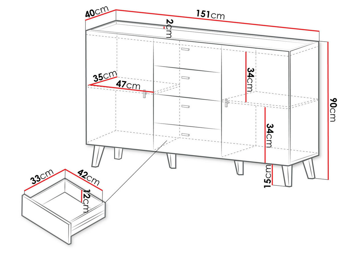 KOMMODE Vurkizo 150 2D4SZ - Eichefarben/Schwarz, Holzwerkstoff/Kunststoff (151/90/40cm) - MIRJAN24