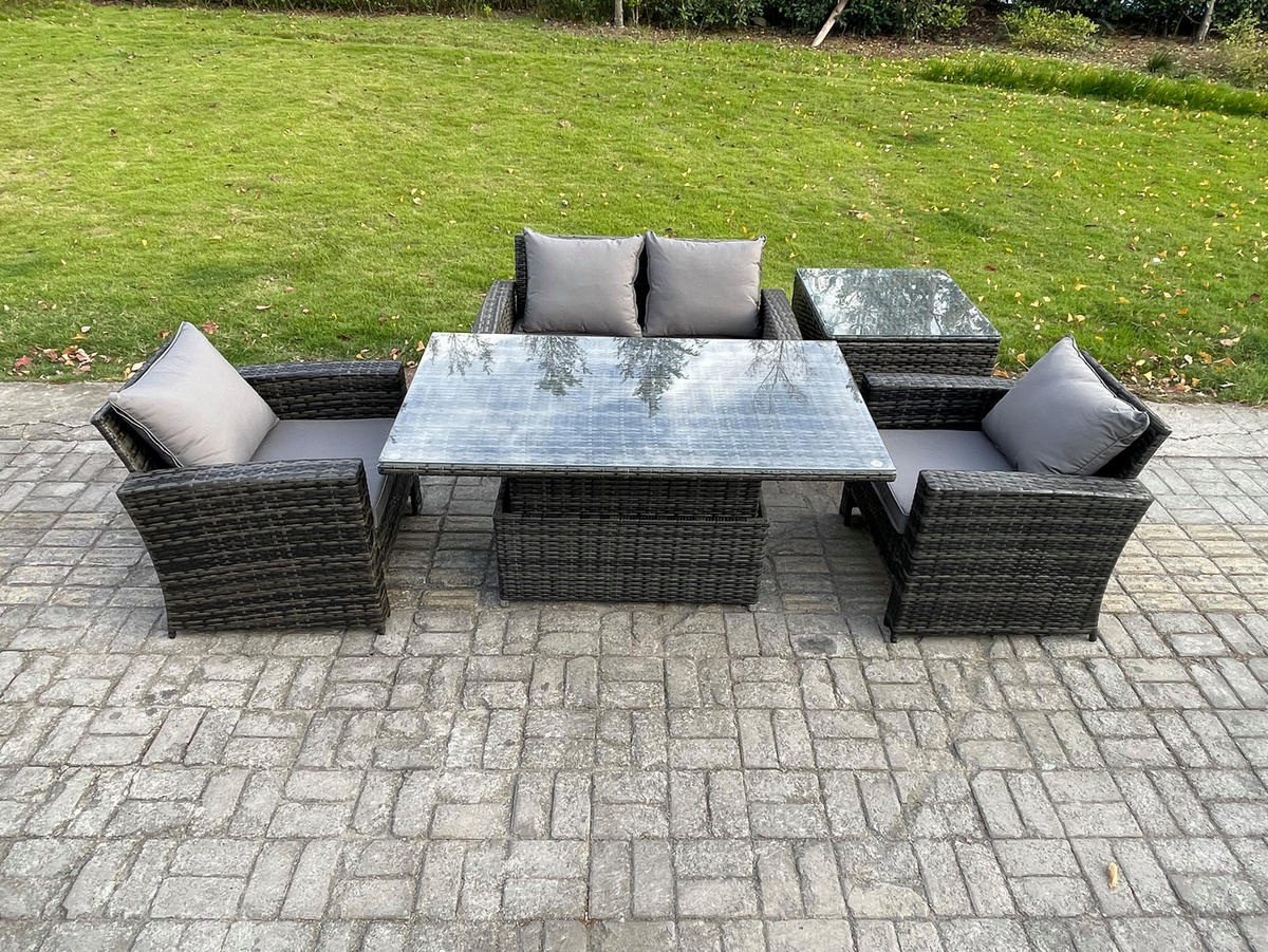 GARTENMÖBEL-SET ESSTISCH MIT SOFA BEISTELLTISCH Polyrattan Dunkelgrau Gemischt - Dunkelgrau, Metall - Fimous