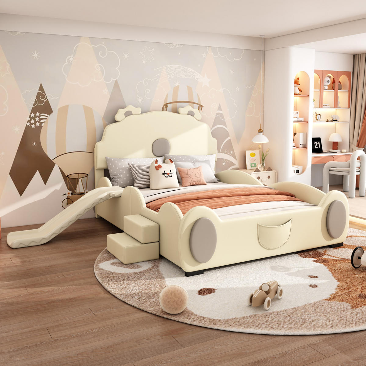 KINDERBETT 140x200cm Beige Cartoon Bärenbett mit Rutsche und Leiter - Beige, Holz (140/200cm) - FLIEKS