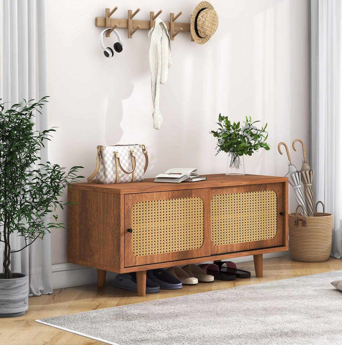 SCHUHSCHRANK 104/40/48 cm walnuss aus Spanplatte mit Rattantüren - Walnussfarben, Holzwerkstoff (104/48/40cm) - OKWISH