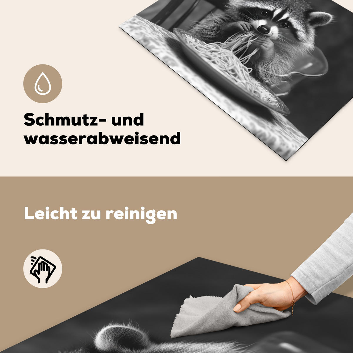HERDABDECKPLATTE Waschbär - Niedlich - Pasta - Tischtuch - Schwarz - Weiß Herdabdeckung Induktionsfeld 70x52 cm - Grau, Kunststoff (70/52/0.2cm) - MuchoWow