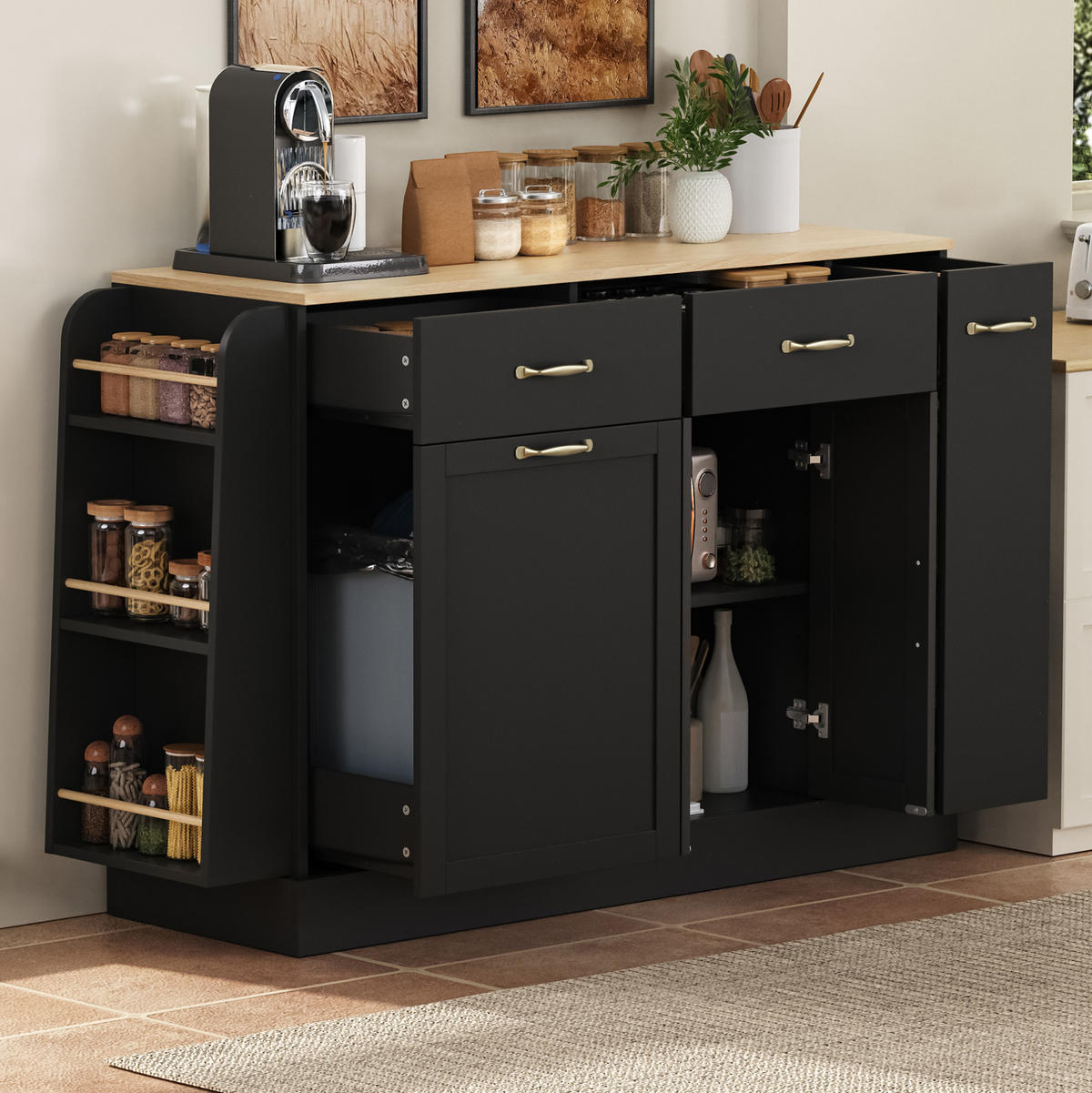 SIDEBOARD mit Mülleimerfach 133,5 x 40 x 86 cm Schwarz Holzoptik - Schwarz, Holzwerkstoff (133.5/86/40cm) - Meubliv