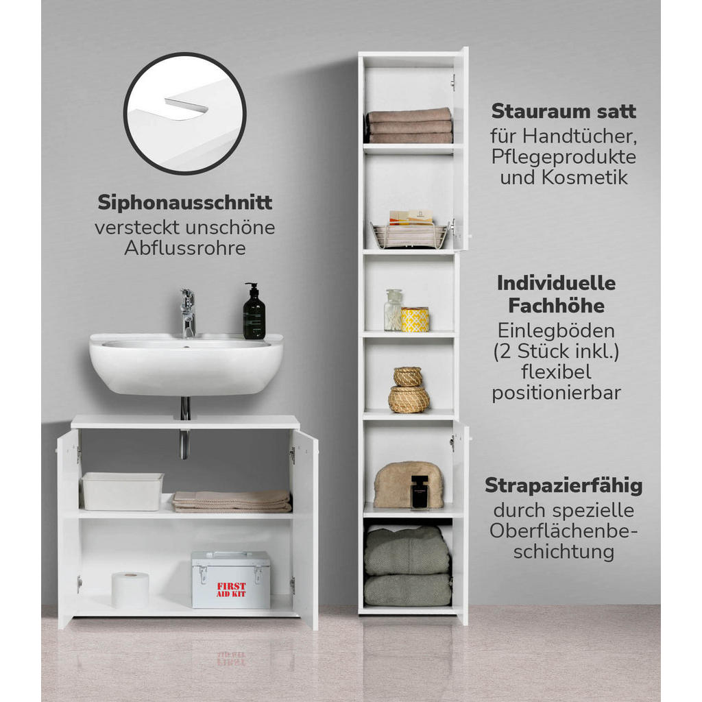 Thumbnail - Mokebo Badmöbel-Set, Weiß, Holzwerkstoff, 103x180x34 cm, Badezimmer, Badmöbelsets & Badmöbelserien, Badmöbel-Sets