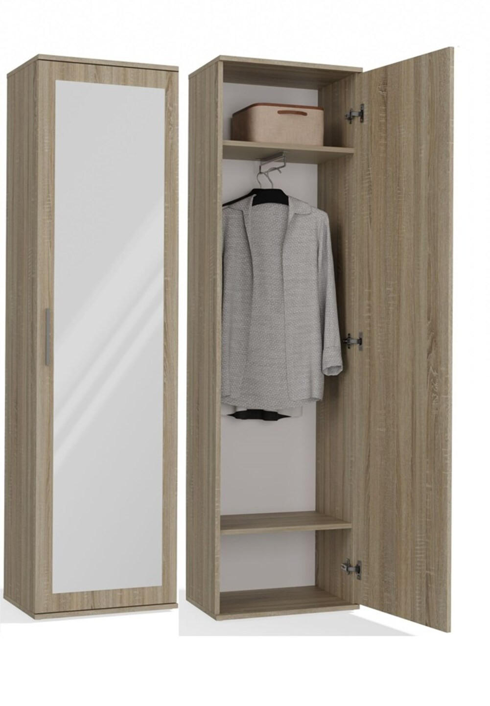 FLURGARDEROBE DUO Flurschrank mit Spiegel in Eiche Sonoma, modern & funktional, 2 Ablagen + Kleiderstange, 50×35×180 cm - Sonoma Eiche, Holz (50/180/35cm)