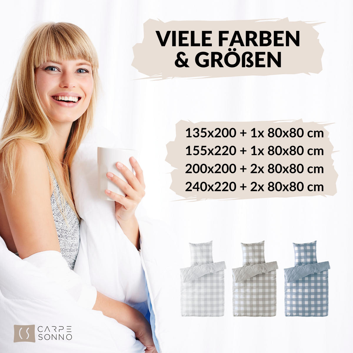 WENDE-BETTWÄSCHE Mako Perkal 240x220 cm aus 100% Baumwolle mit Reißverschluss, 3 teilig Bettbezug kariert uni 240 x 220 - Blau - Blau, Textil (240/220cm) - Carpe Sonno