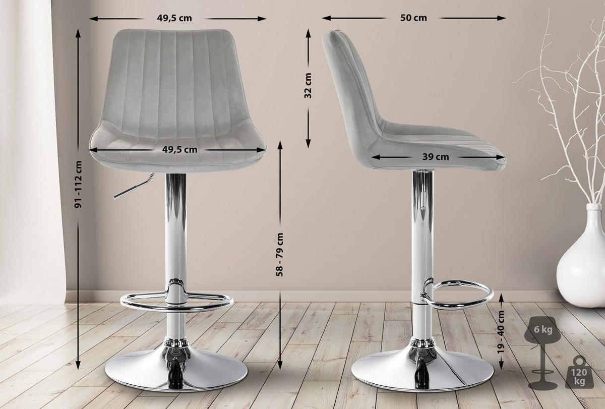 BARHOCKER Tolor Samt chrom grau - Chromfarben/Grau, Textil/Metall (49.5/112/50cm) - TPFLiving