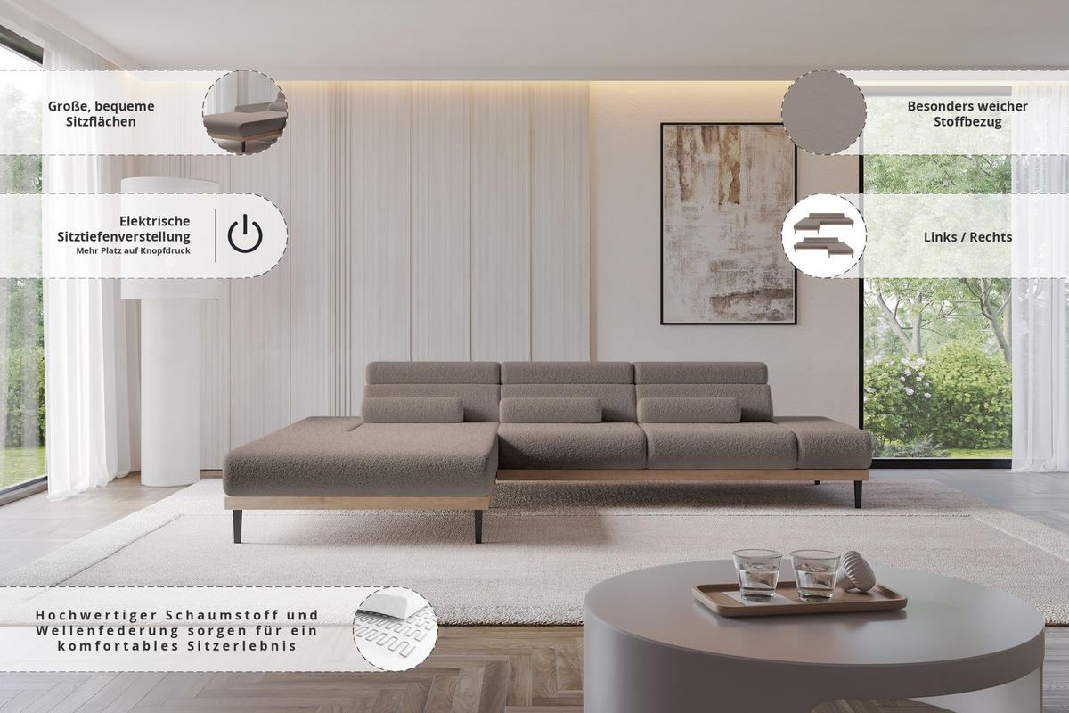 ELEKTRISCHES ECKSOFA Links MONA 316x205x85 Braun Bouclé - Dunkelbraun/Braun, Holzwerkstoff/Textil (316/205cm) - ALTDECOR