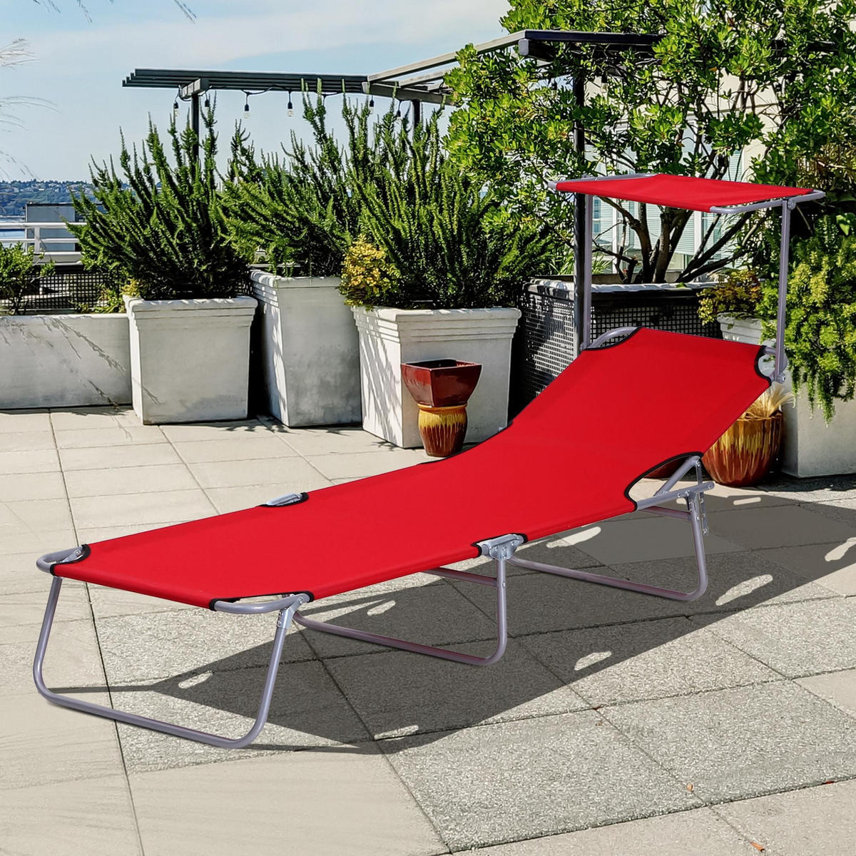 SONNENLIEGE DE-07703 klappbar, mit Dach, 4-fach verstellbar Rot - Rot, Metall (58/36/187cm) - ComfortXL