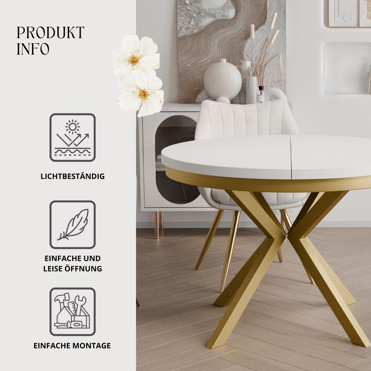AUSZIEHTISCH MILTON 100-176/76 cm mit Metallgestell, Gold / Arktisweiß - Goldfarben/Weiß, Holzwerkstoff/Metall (100/100/76cm) - Idohome