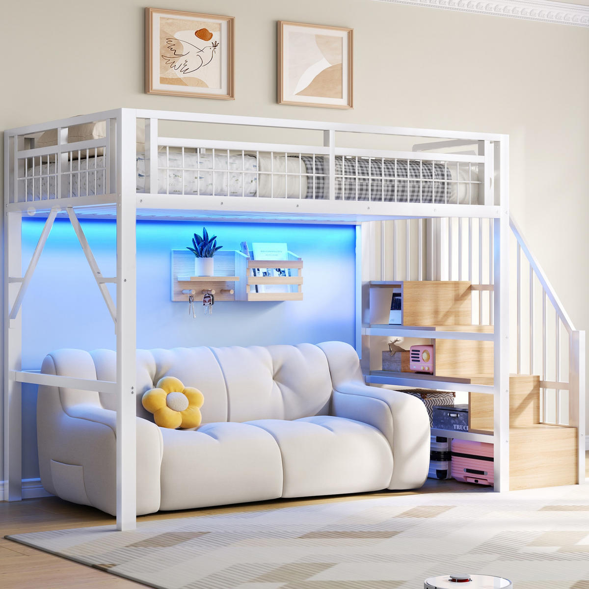 HOCHBETT 90/200 cm DE-04549, mit LED und Stauraum-Treppe in Weiß - Weiß, Metall (90/200cm) - ComfortXL