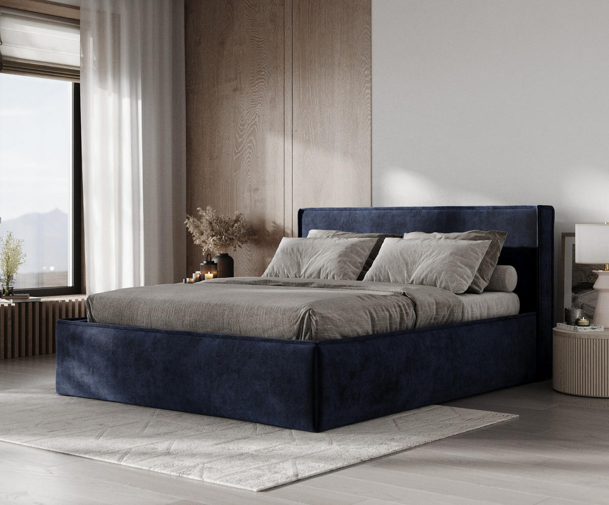 POLSTERBETT Sato mit Stauraum 120/200 cm Marineblau im Terra NW Stoff - Schwarz/Naturfarben, Holz/Holzwerkstoff (120/200cm) - AltaBeds
