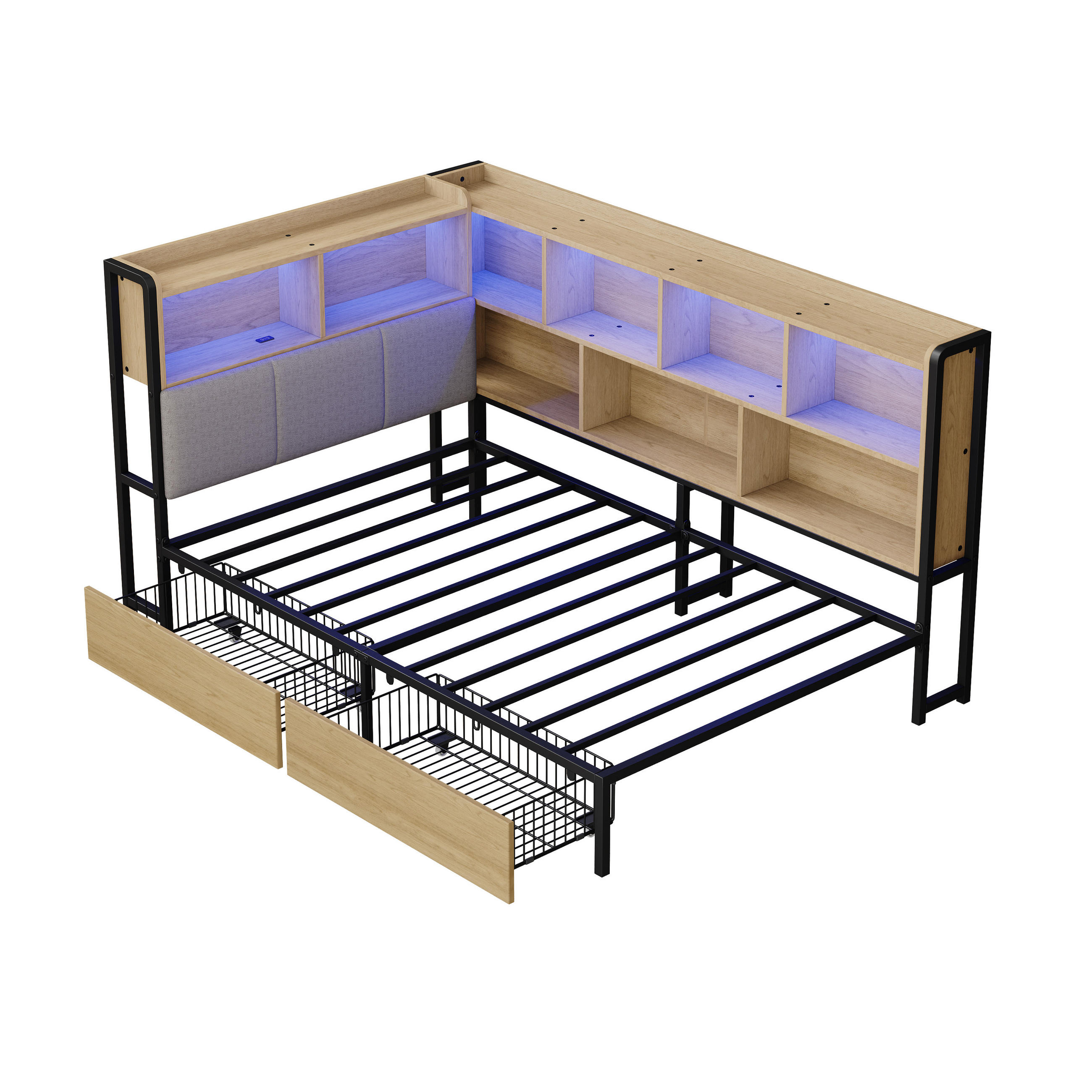 POLSTERBETT 90/200 cm in Natürlich mit 2 Schubladen, LED-Beleuchtung und USB-/Type-C-Ladeanschlüssen - Naturfarben, Metall (90/200cm) - Oxeza