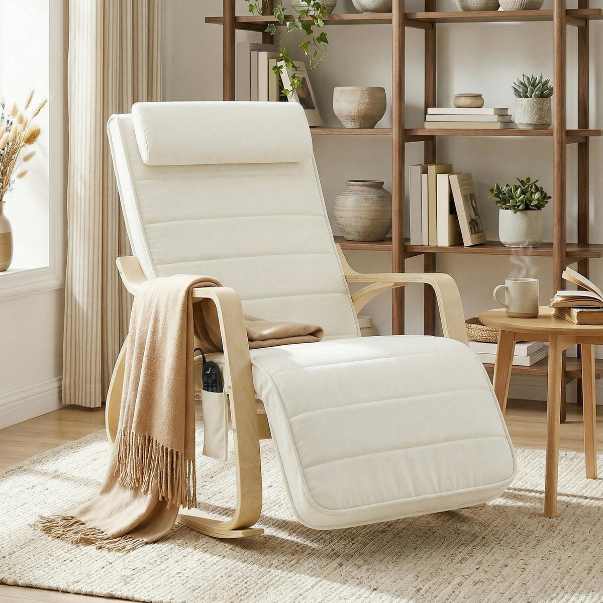 SCHAUKELSTUHL DE-07601 mit Massage, Heizung und verstellbarer Kopf- & Fußstütze Cremeweiß - Creme, Textil (67/92/106cm) - ComfortXL