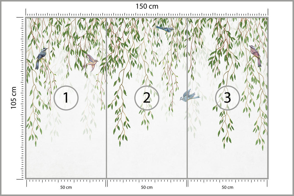 FOTOTAPETE für Schlafzimmer Trauerweide Äste Vögel Frühling Blätter 150x105 - Blau/Beige, Papier (150/105cm) - Muralo