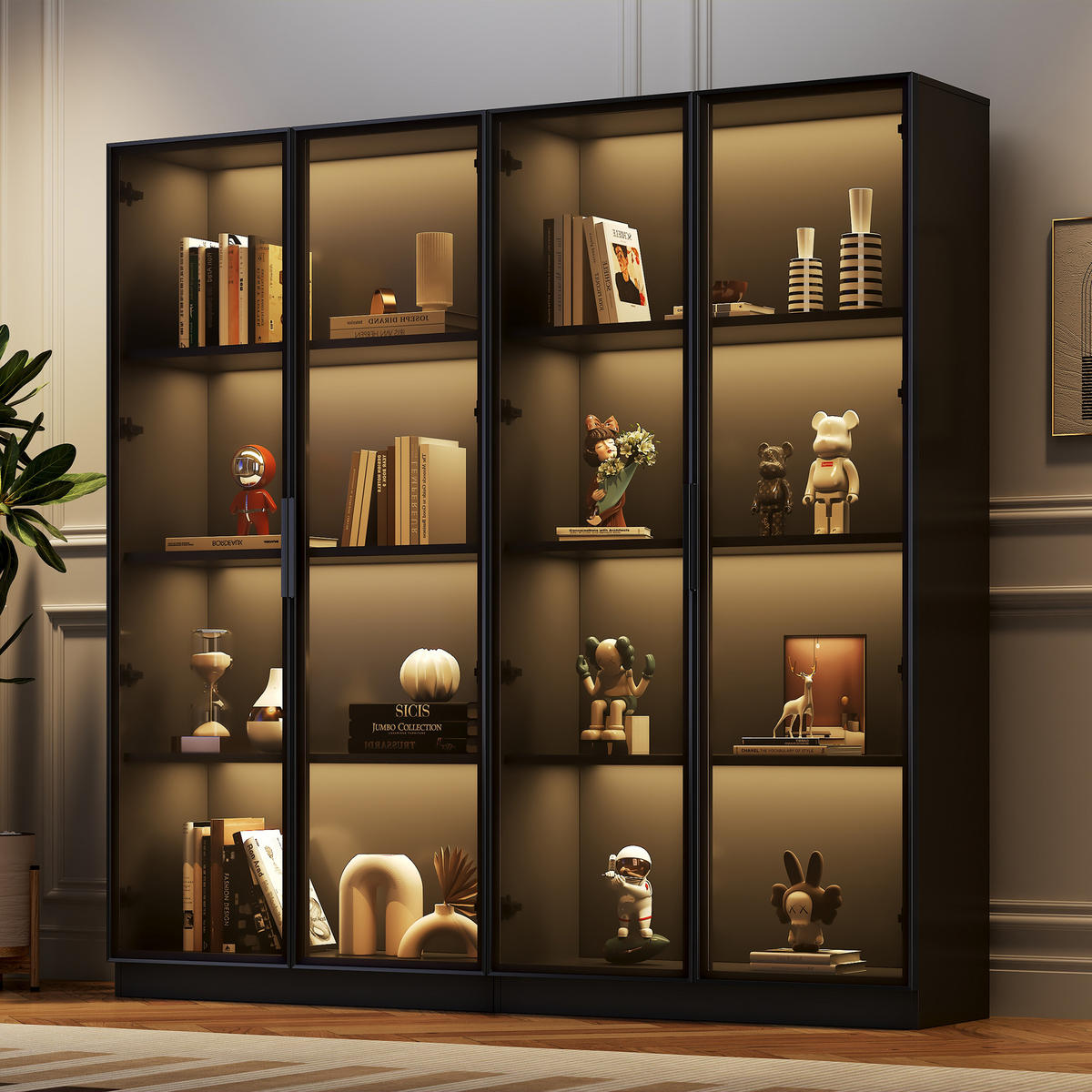 BUFFET LED Glas 4 Türen Vitrine Schwarz - Schwarz, Holzwerkstoff (160/160/40cm) - FLIEKS