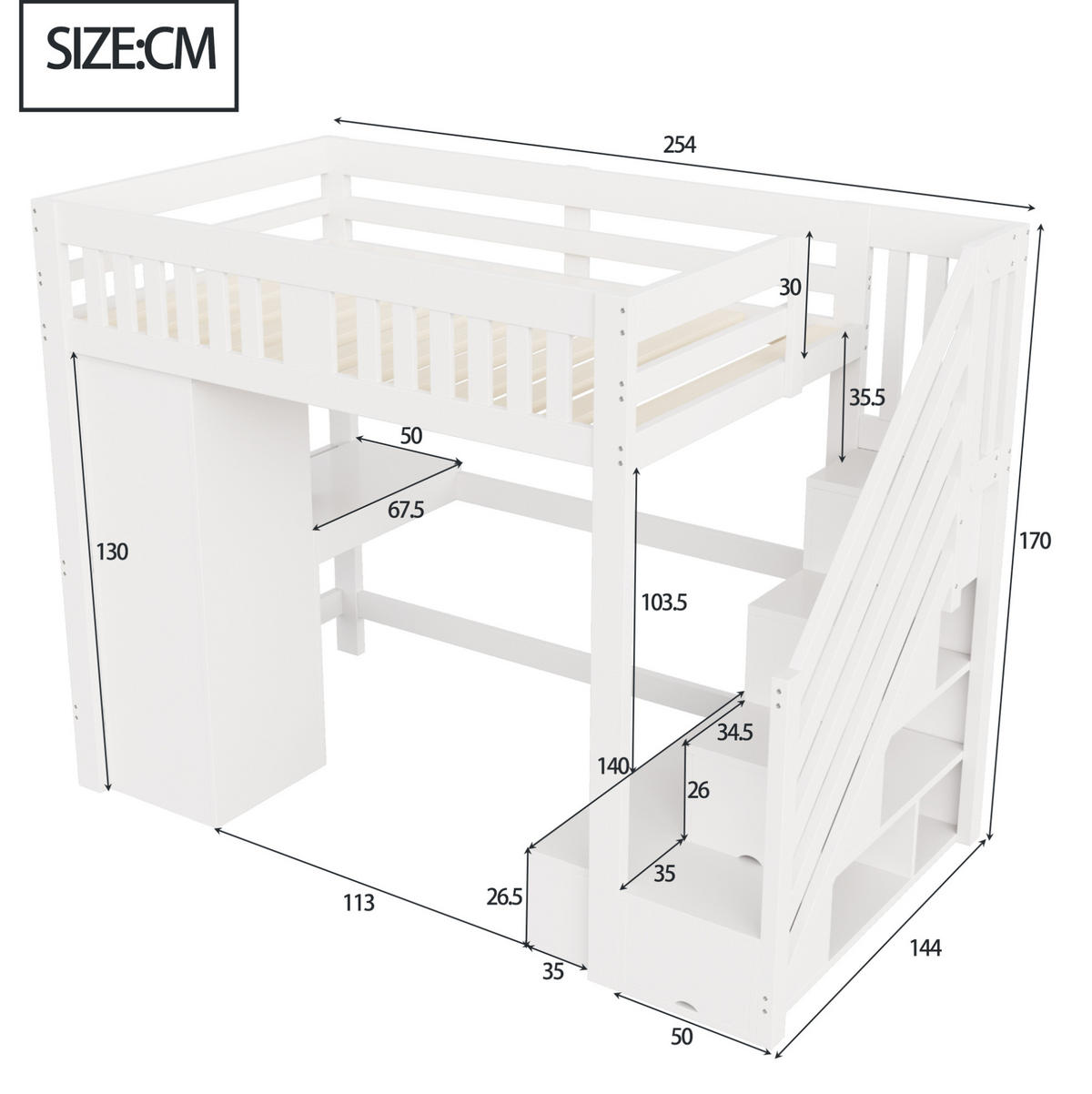 HOCHBETT 140/200 cm weiß aus Holz mit Stauraumtreppe, Schreibtisch und LED - Weiß, Holzwerkstoff (140/200cm) - OKWISH