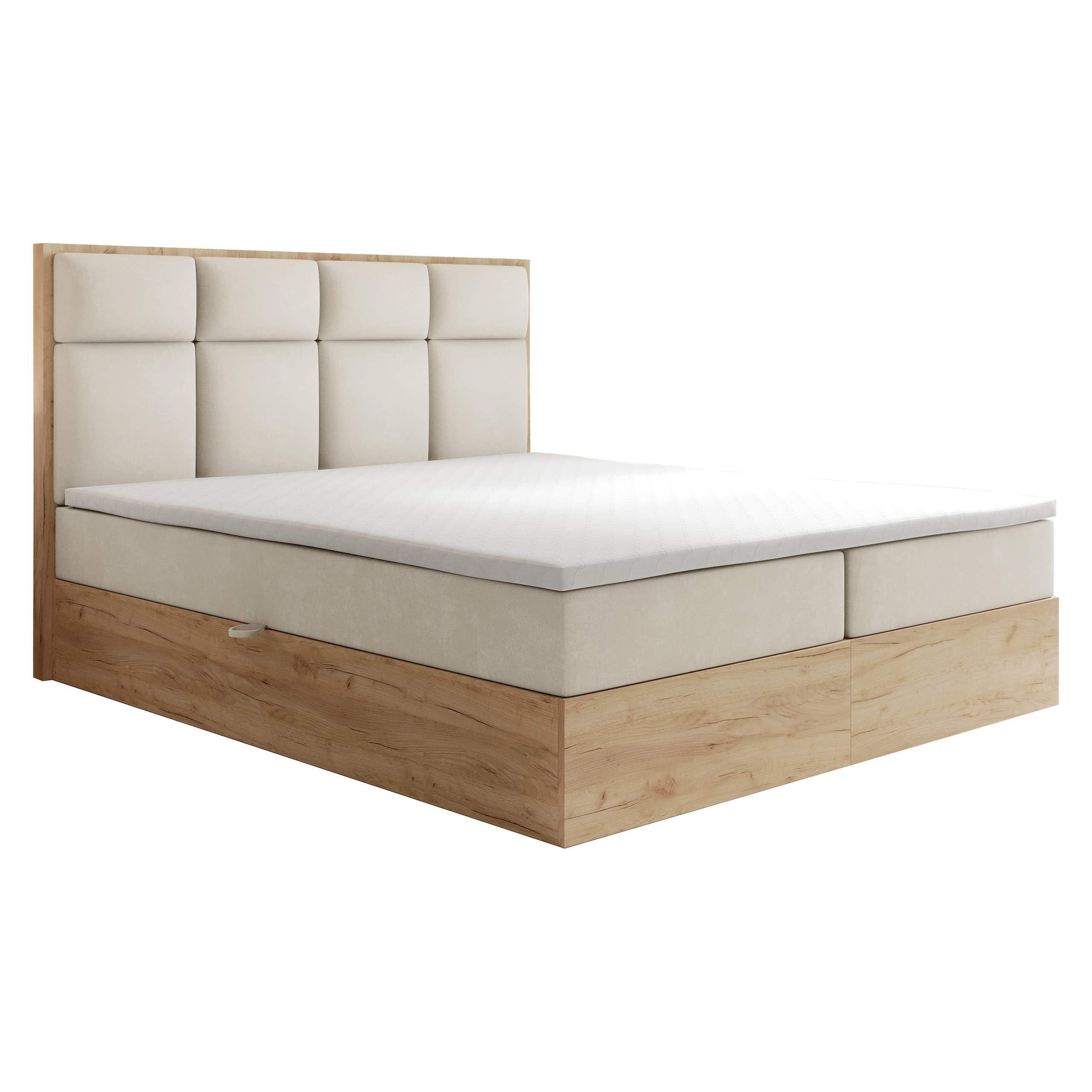 BOXBETT 200 x 200 cm mit Bettkasten und Taschenmatratze H3, SELVA mit Topper 5 cm und Holzelemente, Weiß - Weiß, Holzwerkstoff/Kunststoff (200/200cm) - Trada