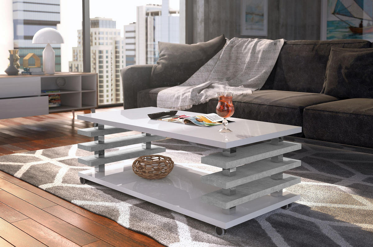 COUCHTISCH rechteckig Weiß Hochglanz - Beton Ablage Rollen - Weiß Hochglanz/Hellgrau, Holzwerkstoff (60/120/45cm) - designimpex