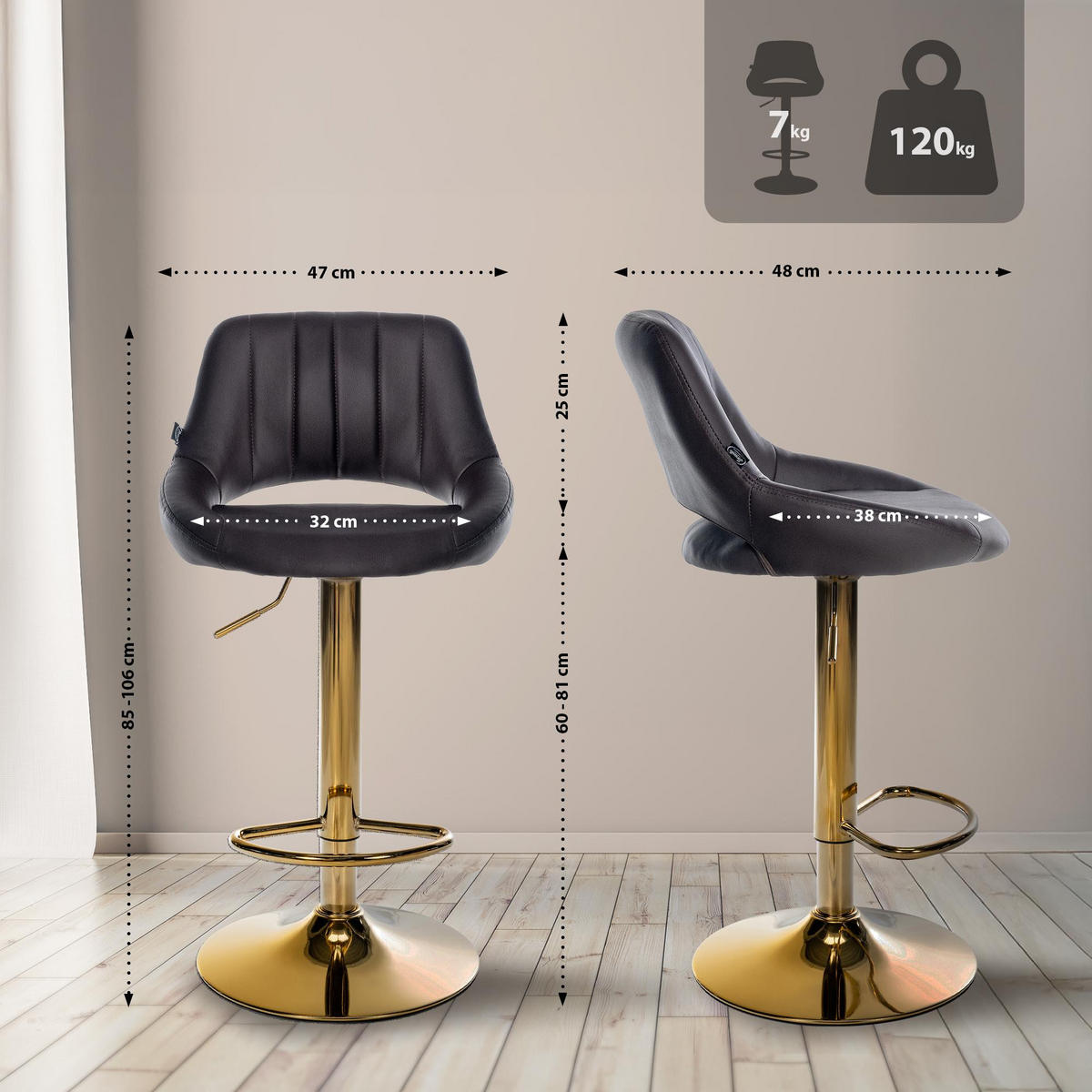 BARHOCKER Lederlook Braun - Goldfarben/Braun, Textil/Metall (47/85/48cm) - CLP