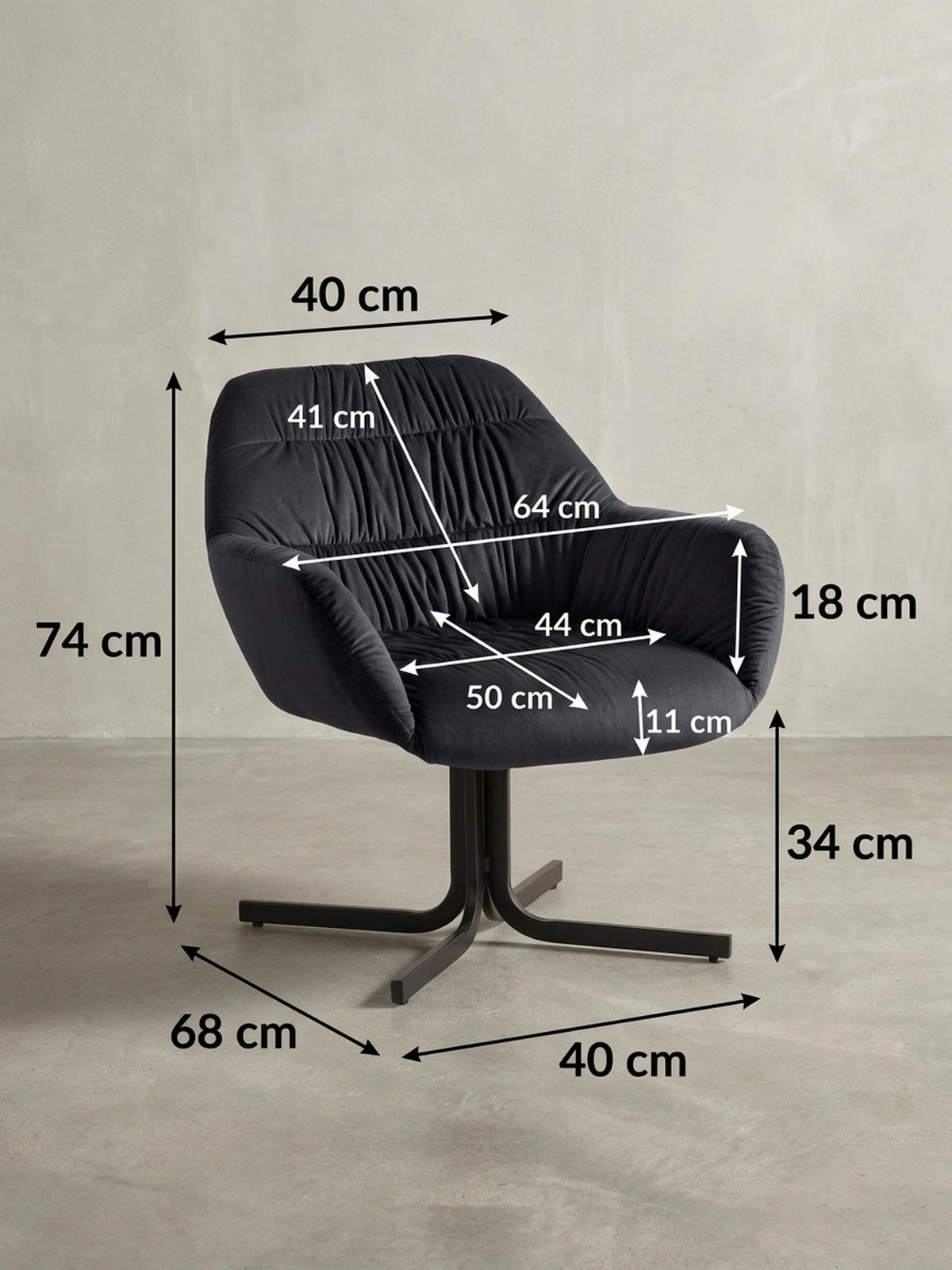 LOUNGESESSEL Samt mit Armlehnen und Metallgestell, gepolsterter Schalensitz, Schwarz 64x68x74 cm - Schwarz, Textil/Metall (64/74/68cm) - KADIMA DESIGN