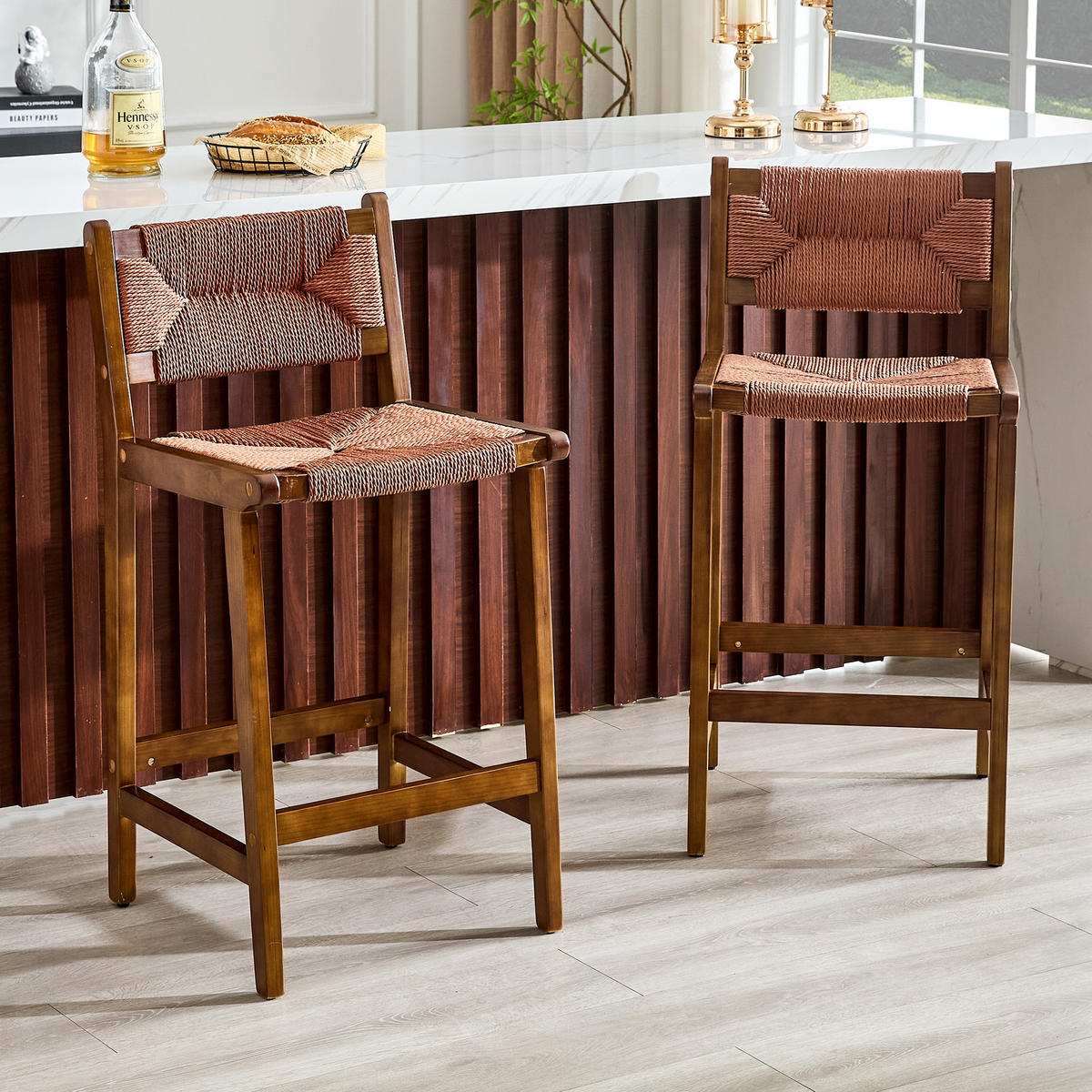 BARHOCKER Walnuss 2er-Set aus Massivholz mit Rückenlehne und Seilgeflecht - Walnussfarben, Holz (44/89/42cm) - PANGIVO