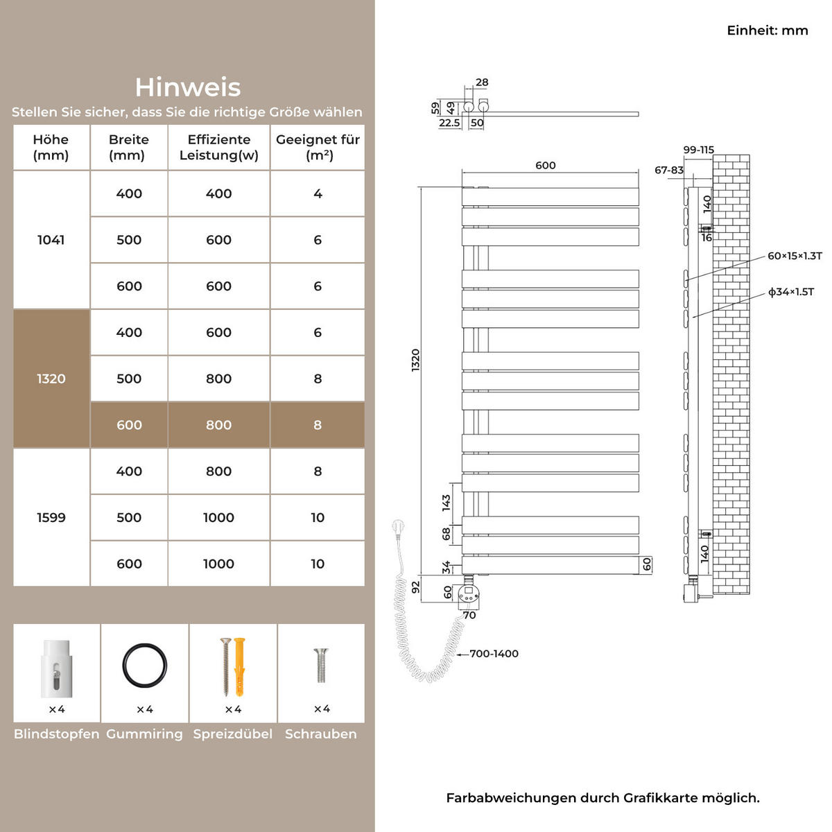 HANDTUCHHEIZKÖRPER 132/60 cm weiß elektrisch 800 W mit WLAN-Thermostat - Weiß, Metall (60/132/5.9cm) - S'AFIELINA