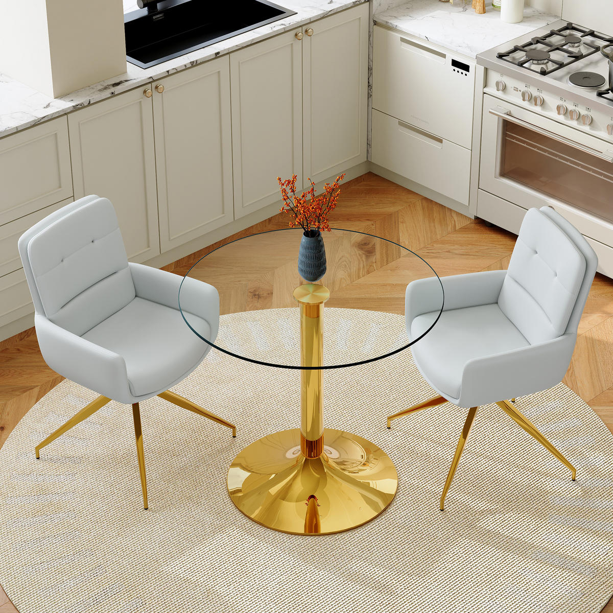 ESSGRUPPE DE-39476 3-teilig, Glastisch und 2 Drehstühlen mit Knopfverzierung Hellgrau - Hellgrau, Metall (85/75/85cm) - ComfortXL