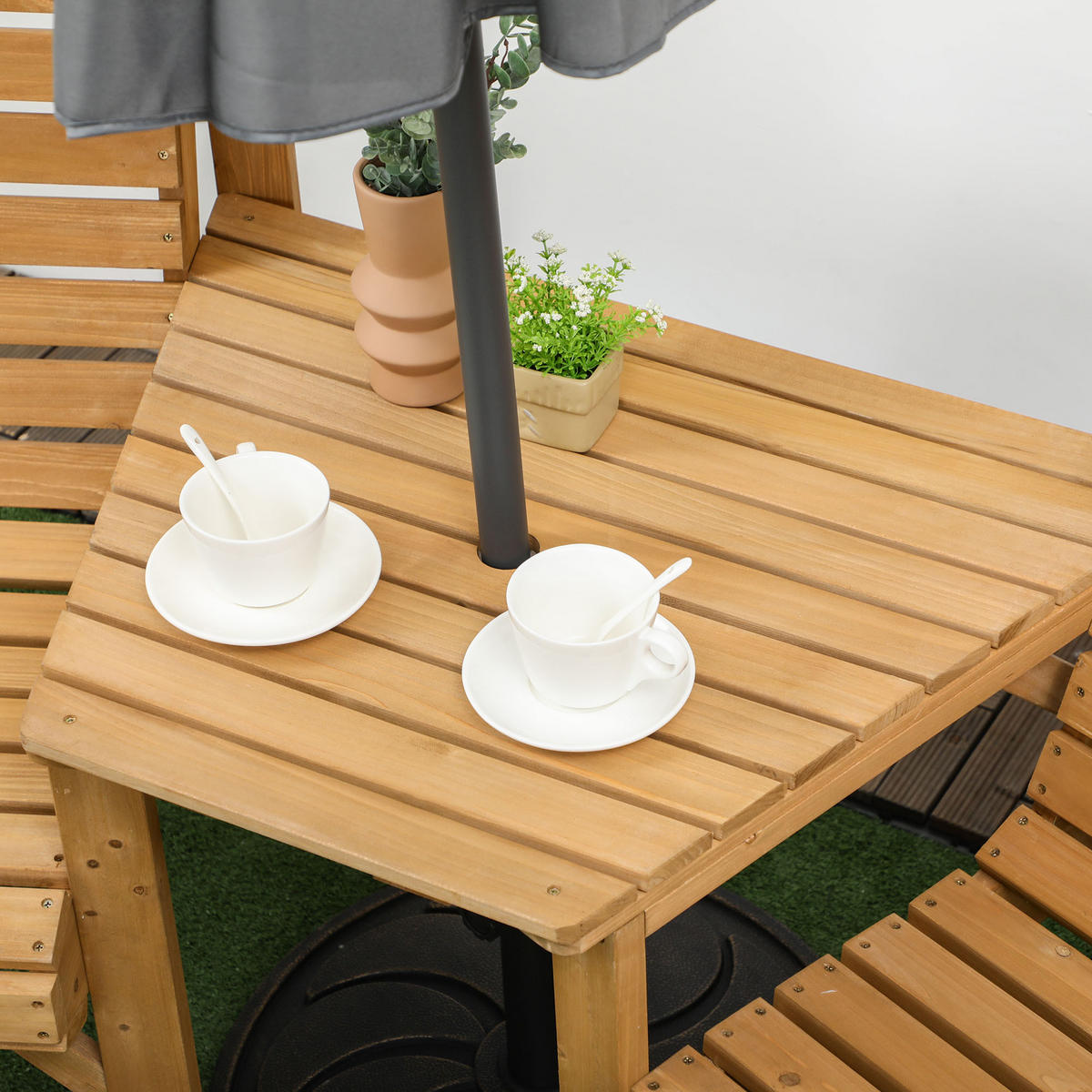 BISTRO-SET DE-07338 aus Holz mit Lamellendesign und Sonnenschirmloch Braun - Braun, Holz - ComfortXL