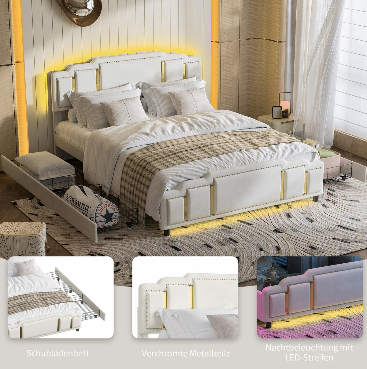 ČALOUNĚNÁ postel 140/200 cm s LED osvětlením a 4 zásuvkami, sametový potah se zlatými detaily, Béžová - béžová, textil (140/200cm) - Redom