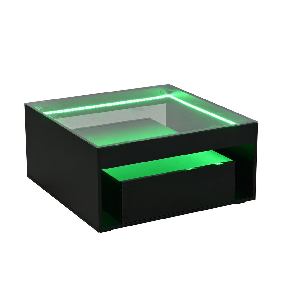COUCHTISCH mit 2 Schubladen und LED 70 x 70 cm MDF Glas Schwarz - Schwarz, Glas (70/70/35cm) - Meubliv