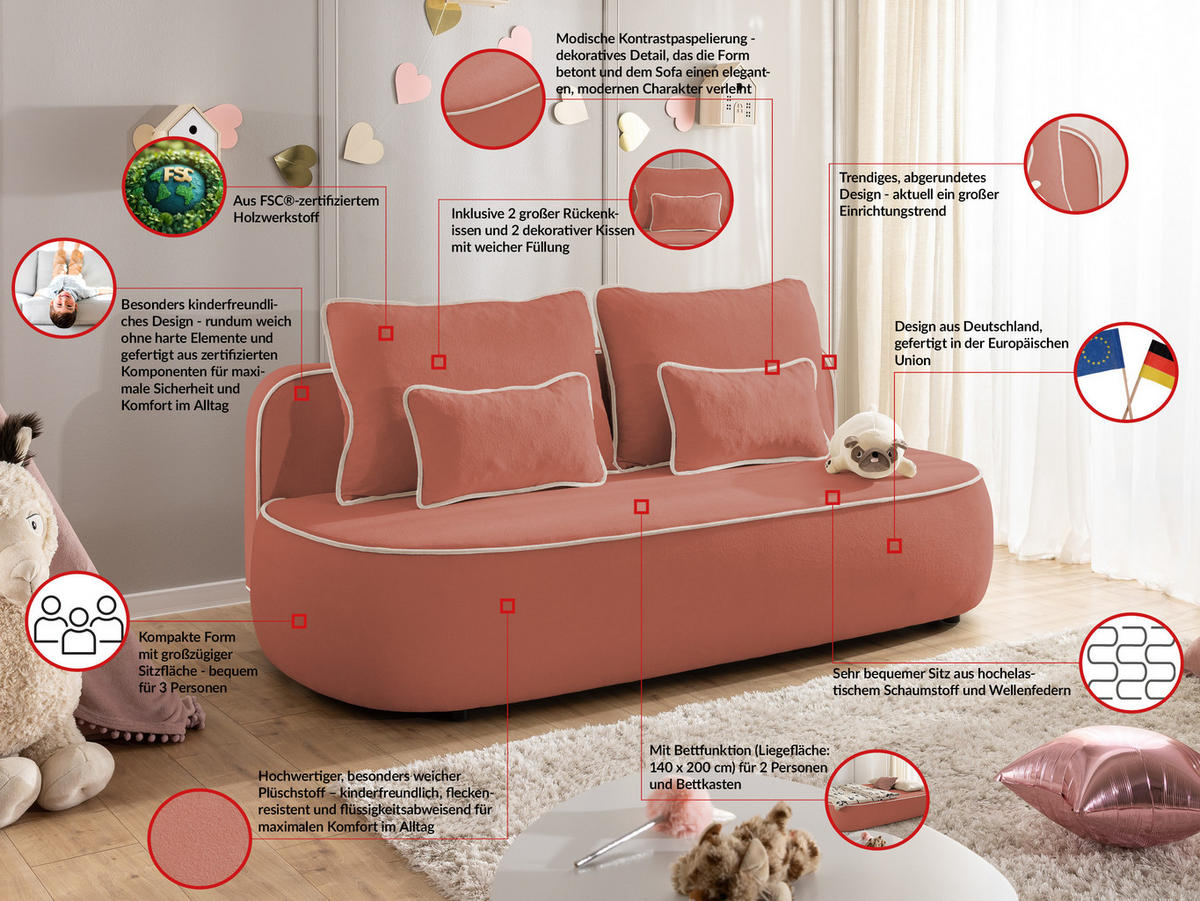 KINDERSOFA Vero im modernen und abgerundeten Design mit Schlaffunktion und Bettkasten aus Rosa Plüschstoff mit hellgrauer Paspel - Hellgrau/Schwarz, Holz/Kunststoff (210/90/98cm) - S-Style Möbel